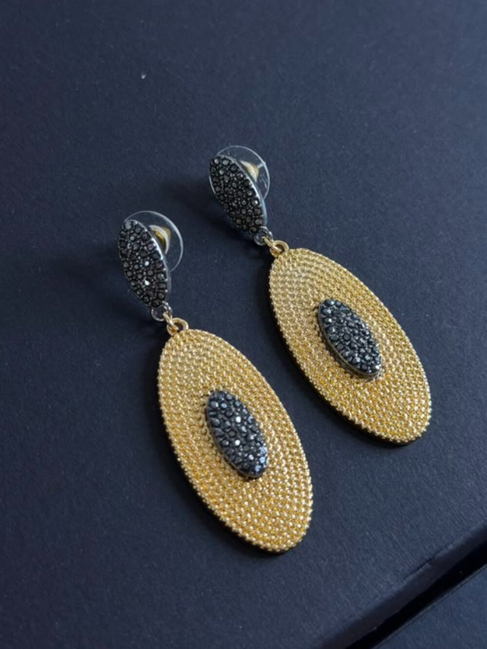 Two-Tone Pavé Drop Earrings | Gold Textured Oval & Black Stones Dangle
